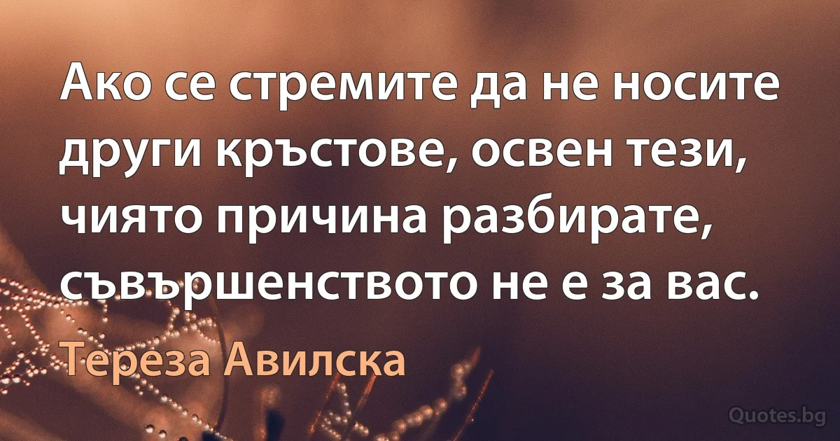 Ако се стремите да не носите други кръстове, освен тези, чиято причина разбирате, съвършенството не е за вас. (Тереза Авилска)