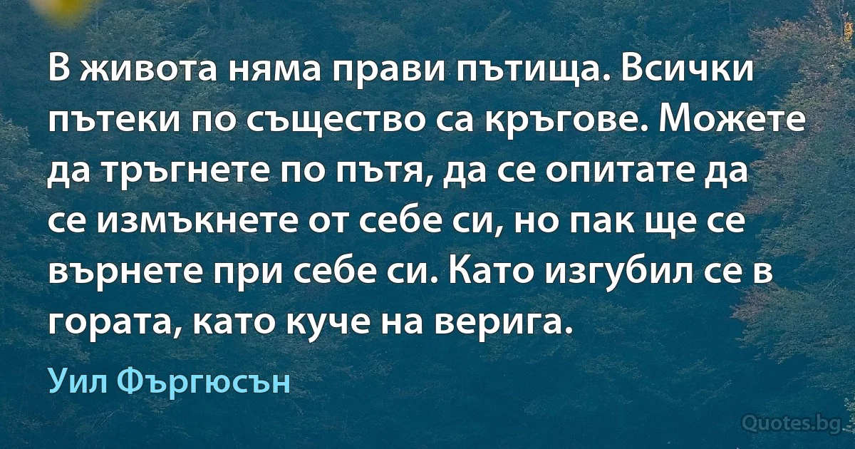 В живота няма прави пътища. Всички пътеки по същество са кръгове. Можете да тръгнете по пътя, да се опитате да се измъкнете от себе си, но пак ще се върнете при себе си. Като изгубил се в гората, като куче на верига. (Уил Фъргюсън)