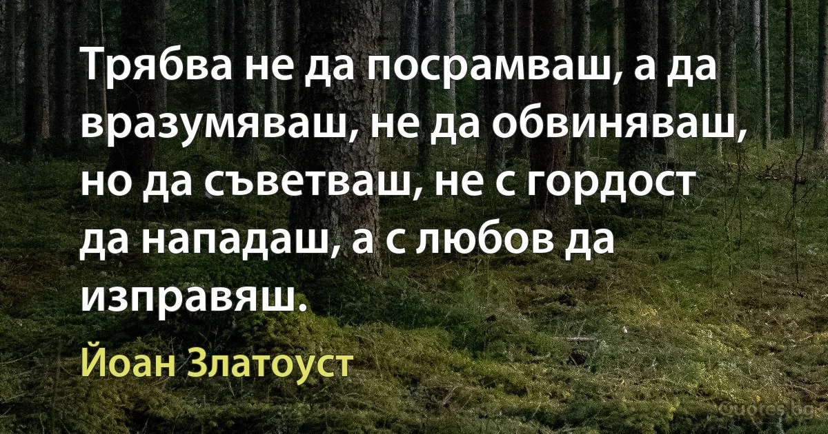 Трябва не да посрамваш, а да вразумяваш, не да обвиняваш, но да съветваш, не с гордост да нападаш, а с любов да изправяш. (Йоан Златоуст)