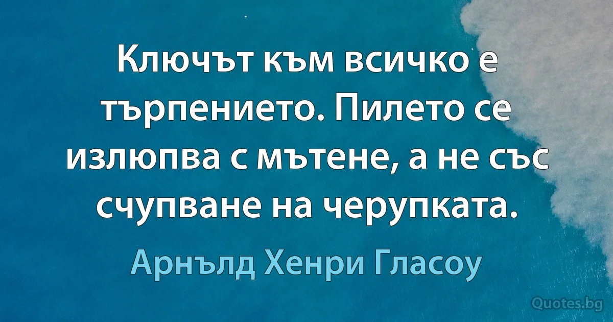 Ключът към всичко е търпението. Пилето се излюпва с мътене, а не със счупване на черупката. (Арнълд Хенри Гласоу)