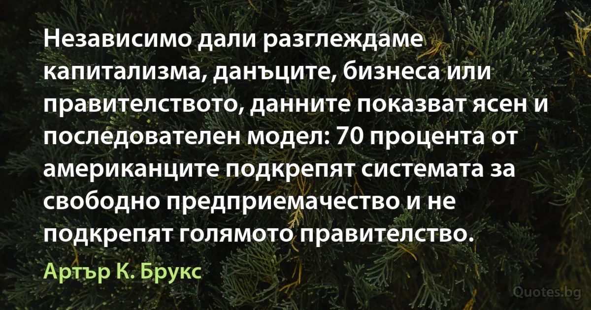 Независимо дали разглеждаме капитализма, данъците, бизнеса или правителството, данните показват ясен и последователен модел: 70 процента от американците подкрепят системата за свободно предприемачество и не подкрепят голямото правителство. (Артър К. Брукс)