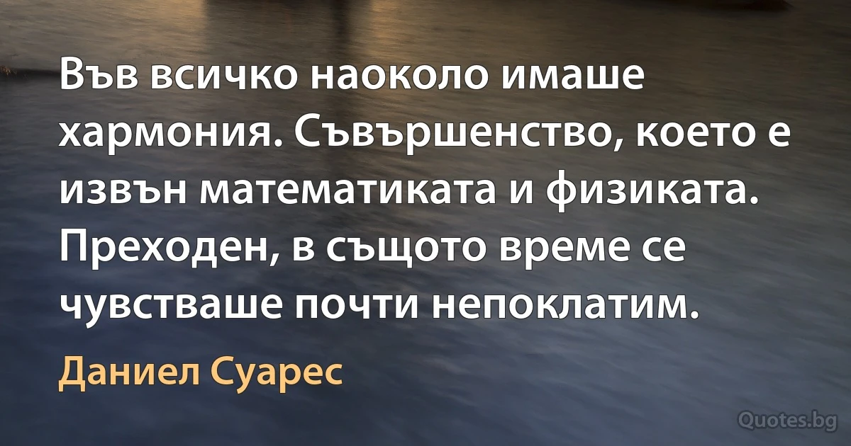 Във всичко наоколо имаше хармония. Съвършенство, което е извън математиката и физиката. Преходен, в същото време се чувстваше почти непоклатим. (Даниел Суарес)