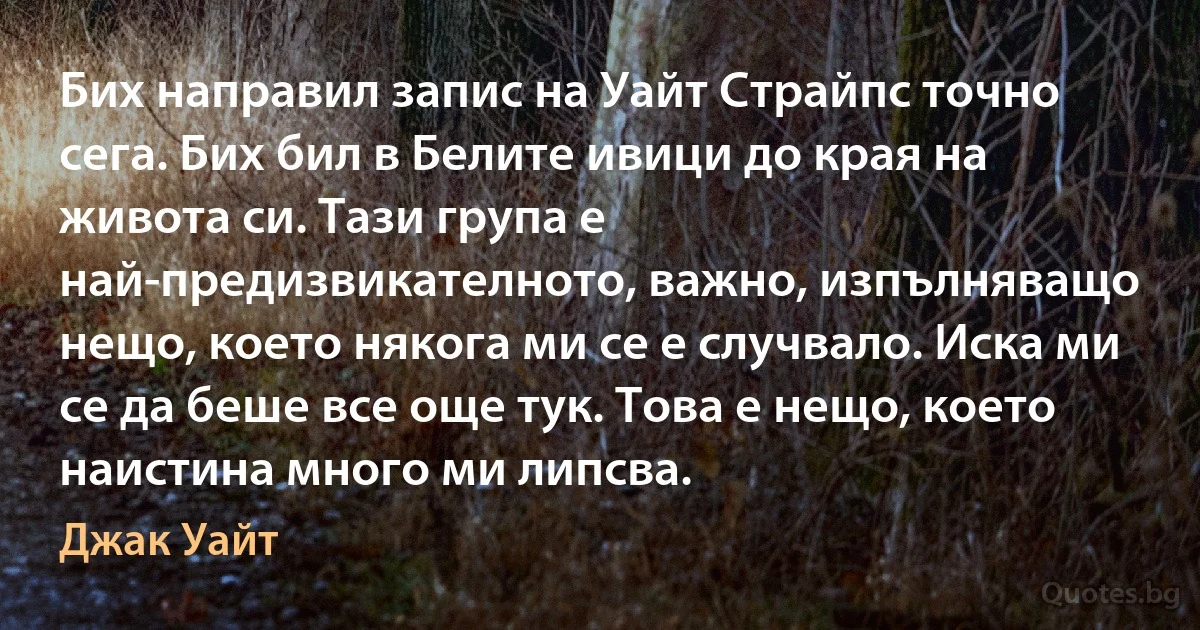 Бих направил запис на Уайт Страйпс точно сега. Бих бил в Белите ивици до края на живота си. Тази група е най-предизвикателното, важно, изпълняващо нещо, което някога ми се е случвало. Иска ми се да беше все още тук. Това е нещо, което наистина много ми липсва. (Джак Уайт)