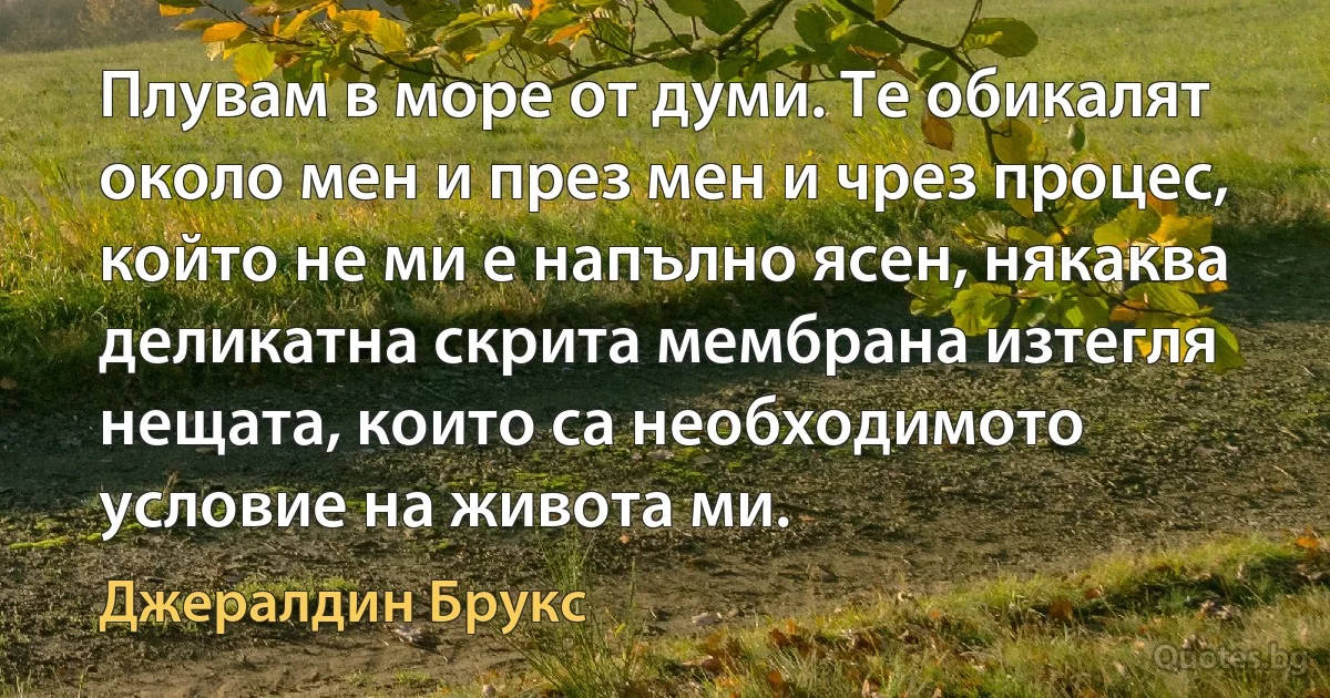 Плувам в море от думи. Те обикалят около мен и през мен и чрез процес, който не ми е напълно ясен, някаква деликатна скрита мембрана изтегля нещата, които са необходимото условие на живота ми. (Джералдин Брукс)