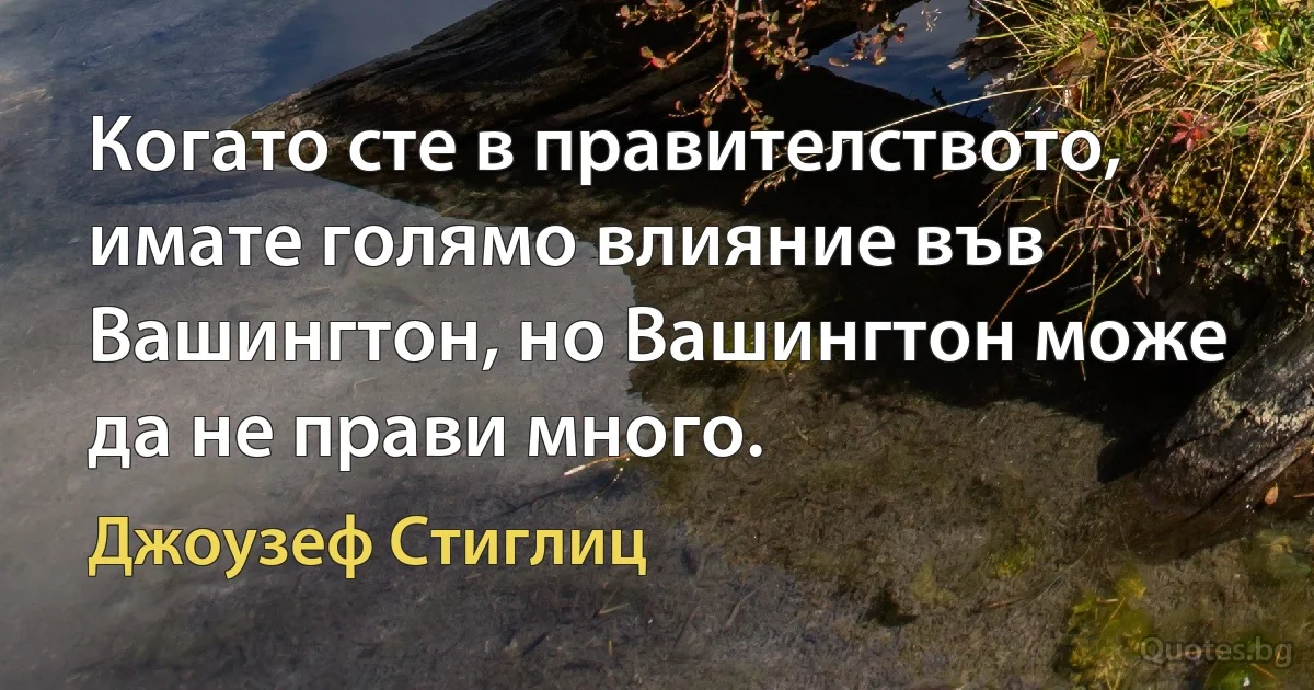 Когато сте в правителството, имате голямо влияние във Вашингтон, но Вашингтон може да не прави много. (Джоузеф Стиглиц)