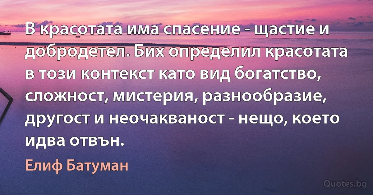 В красотата има спасение - щастие и добродетел. Бих определил красотата в този контекст като вид богатство, сложност, мистерия, разнообразие, другост и неочакваност - нещо, което идва отвън. (Елиф Батуман)