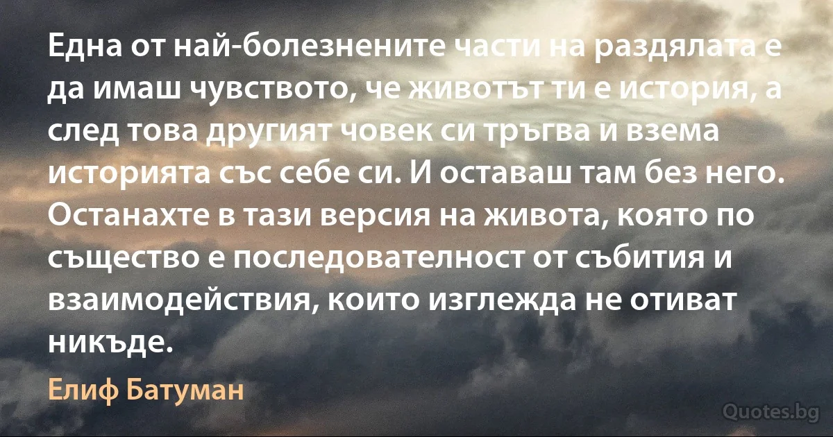 Една от най-болезнените части на раздялата е да имаш чувството, че животът ти е история, а след това другият човек си тръгва и взема историята със себе си. И оставаш там без него. Останахте в тази версия на живота, която по същество е последователност от събития и взаимодействия, които изглежда не отиват никъде. (Елиф Батуман)