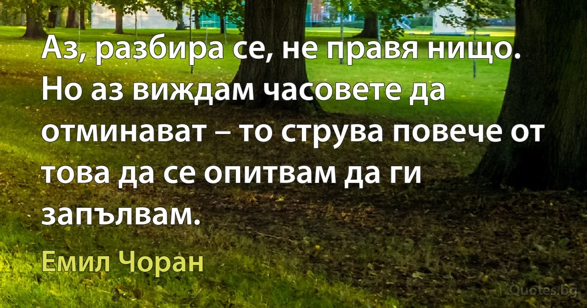 Аз, разбира се, не правя нищо. Но аз виждам часовете да отминават – то струва повече от това да се опитвам да ги запълвам. (Емил Чоран)