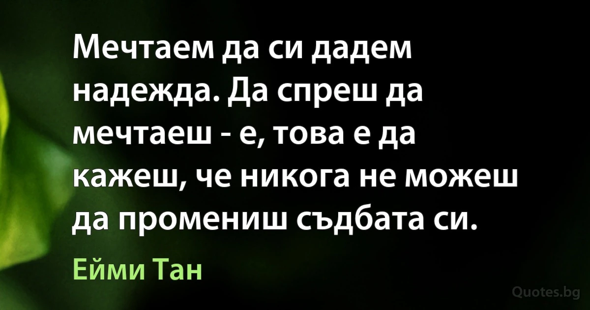 Мечтаем да си дадем надежда. Да спреш да мечтаеш - е, това е да кажеш, че никога не можеш да промениш съдбата си. (Ейми Тан)