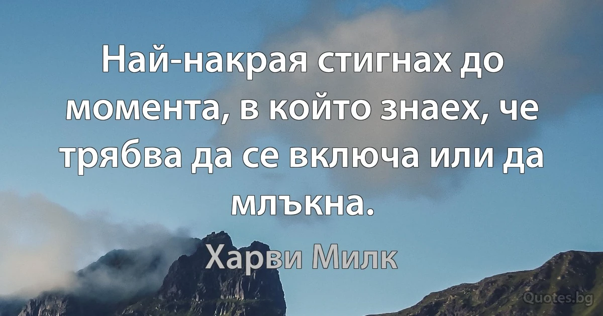 Най-накрая стигнах до момента, в който знаех, че трябва да се включа или да млъкна. (Харви Милк)