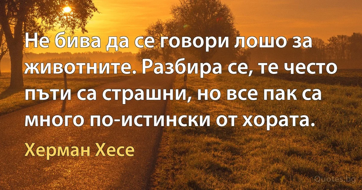 Не бива да се говори лошо за животните. Разбира се, те често пъти са страшни, но все пак са много по-истински от хората. (Херман Хесе)