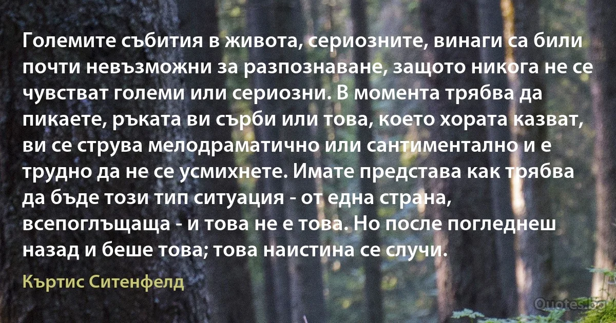 Големите събития в живота, сериозните, винаги са били почти невъзможни за разпознаване, защото никога не се чувстват големи или сериозни. В момента трябва да пикаете, ръката ви сърби или това, което хората казват, ви се струва мелодраматично или сантиментално и е трудно да не се усмихнете. Имате представа как трябва да бъде този тип ситуация - от една страна, всепоглъщаща - и това не е това. Но после погледнеш назад и беше това; това наистина се случи. (Къртис Ситенфелд)