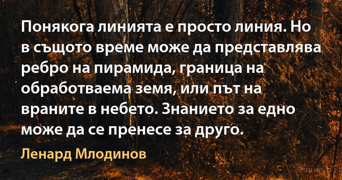 Понякога линията е просто линия. Но в същото време може да представлява ребро на пирамида, граница на обработваема земя, или път на враните в небето. Знанието за едно може да се пренесе за друго. (Ленард Млодинов)