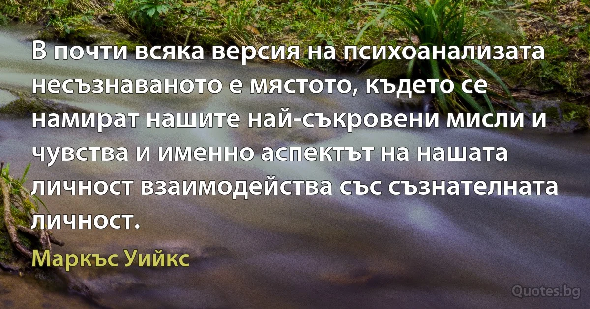 В почти всяка версия на психоанализата несъзнаваното е мястото, където се намират нашите най-съкровени мисли и чувства и именно аспектът на нашата личност взаимодейства със съзнателната личност. (Маркъс Уийкс)