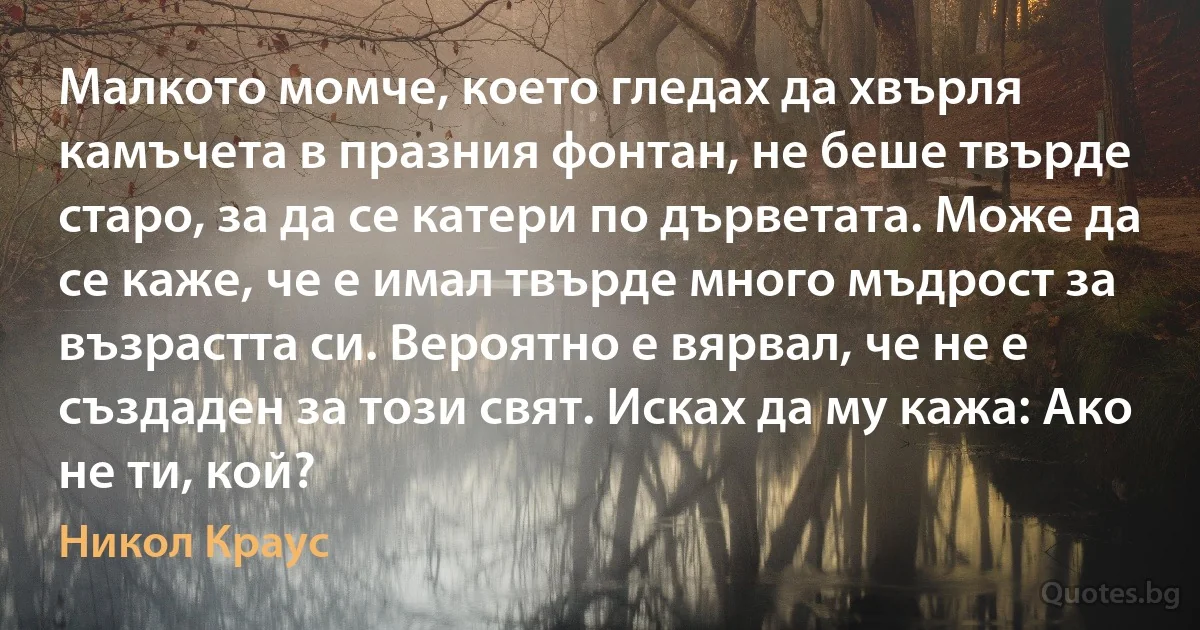 Малкото момче, което гледах да хвърля камъчета в празния фонтан, не беше твърде старо, за да се катери по дърветата. Може да се каже, че е имал твърде много мъдрост за възрастта си. Вероятно е вярвал, че не е създаден за този свят. Исках да му кажа: Ако не ти, кой? (Никол Краус)