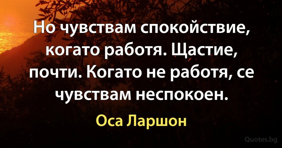 Но чувствам спокойствие, когато работя. Щастие, почти. Когато не работя, се чувствам неспокоен. (Оса Ларшон)