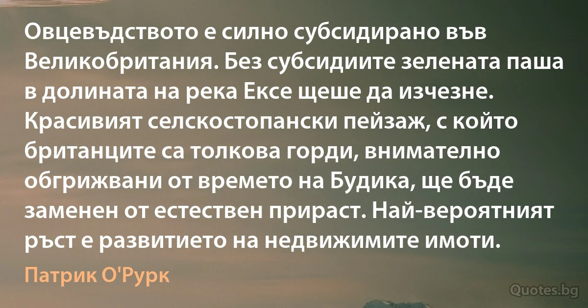 Овцевъдството е силно субсидирано във Великобритания. Без субсидиите зелената паша в долината на река Ексе щеше да изчезне. Красивият селскостопански пейзаж, с който британците са толкова горди, внимателно обгрижвани от времето на Будика, ще бъде заменен от естествен прираст. Най-вероятният ръст е развитието на недвижимите имоти. (Патрик О'Рурк)