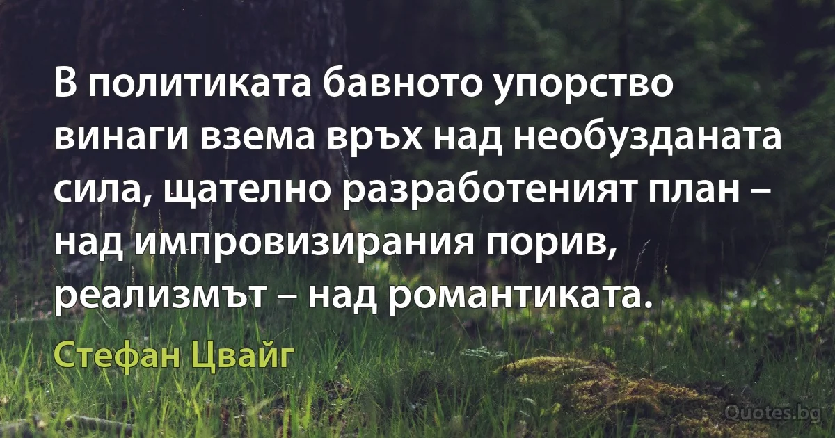 В политиката бавното упорство винаги взема връх над необузданата сила, щателно разработеният план – над импровизирания порив, реализмът – над романтиката. (Стефан Цвайг)