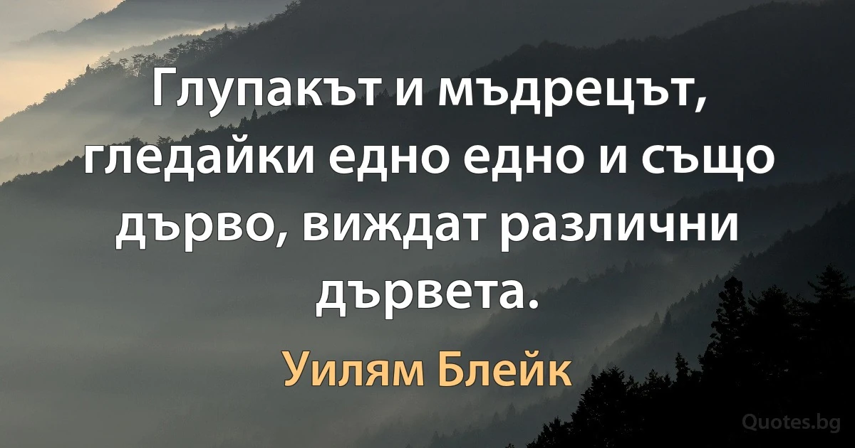 Глупакът и мъдрецът, гледайки едно едно и също дърво, виждат различни дървета. (Уилям Блейк)