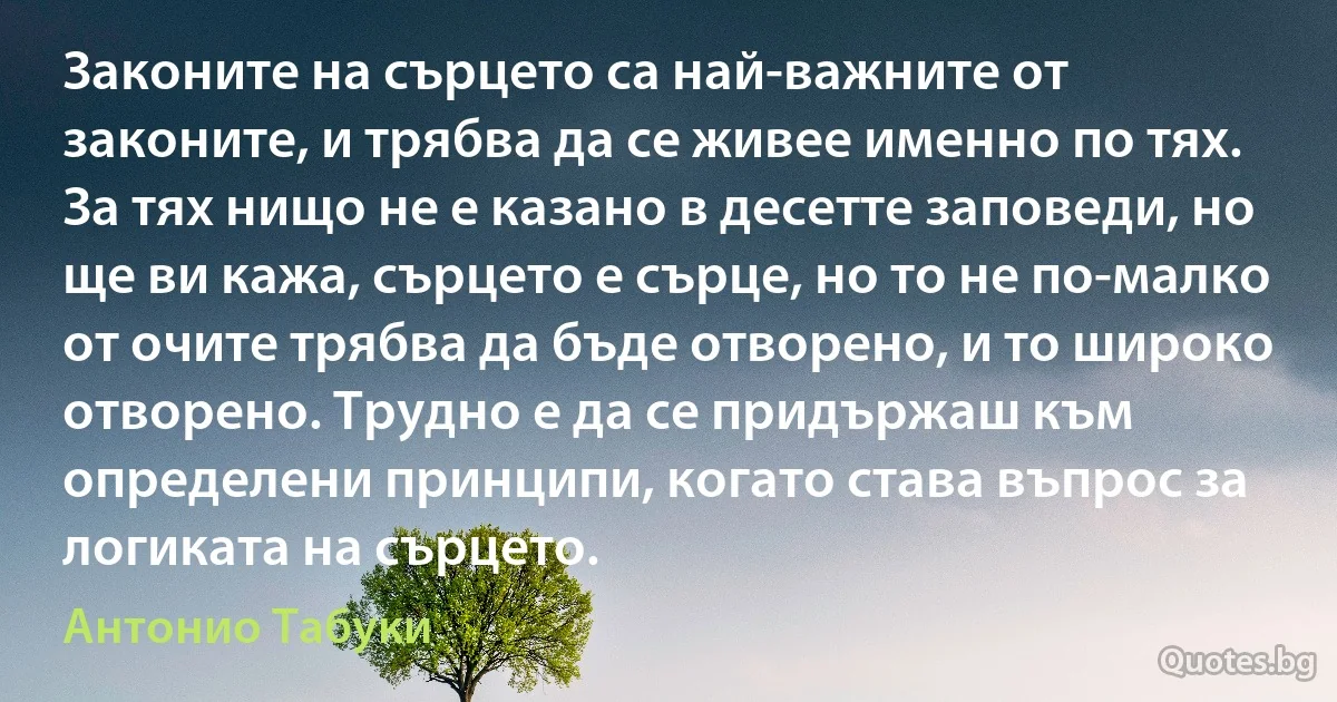 Законите на сърцето са най-важните от законите, и трябва да се живее именно по тях. За тях нищо не е казано в десетте заповеди, но ще ви кажа, сърцето е сърце, но то не по-малко от очите трябва да бъде отворено, и то широко отворено. Трудно е да се придържаш към определени принципи, когато става въпрос за логиката на сърцето. (Антонио Табуки)