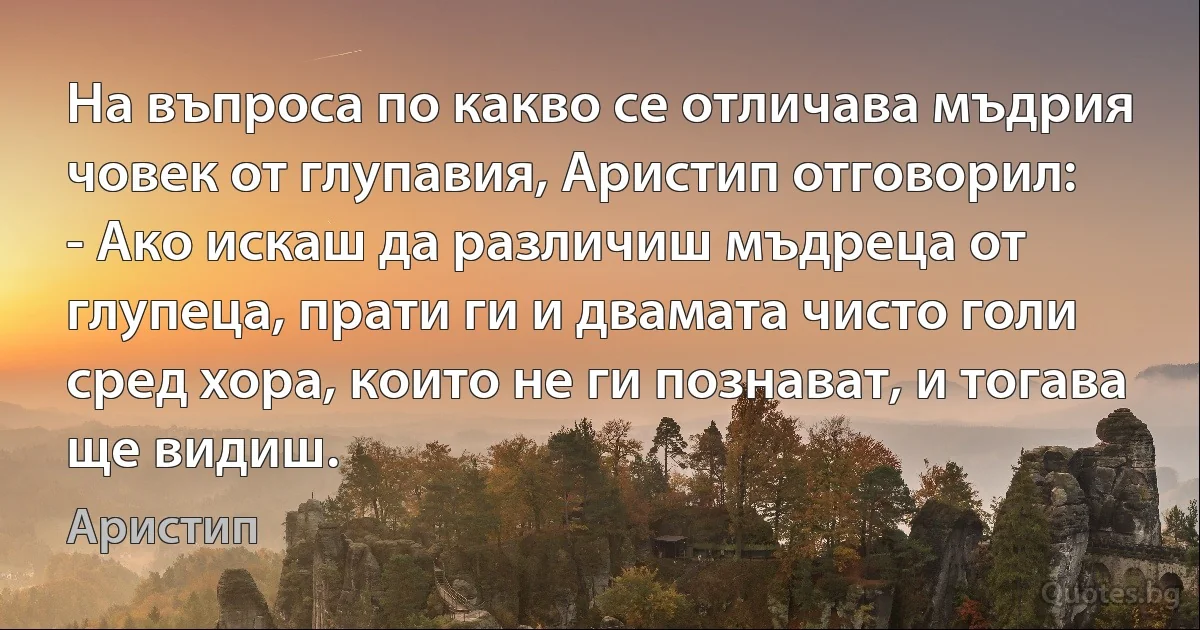 На въпроса по какво се отличава мъдрия човек от глупавия, Аристип отговорил:
- Ако искаш да различиш мъдреца от глупеца, прати ги и двамата чисто голи сред хора, които не ги познават, и тогава ще видиш. (Аристип)