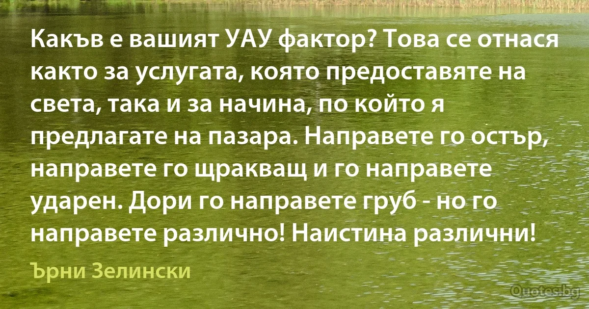 Какъв е вашият УАУ фактор? Това се отнася както за услугата, която предоставяте на света, така и за начина, по който я предлагате на пазара. Направете го остър, направете го щракващ и го направете ударен. Дори го направете груб - но го направете различно! Наистина различни! (Ърни Зелински)