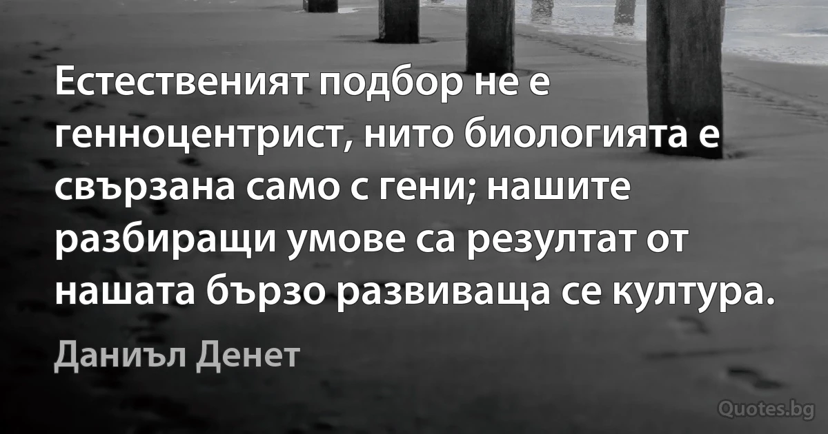 Естественият подбор не е генноцентрист, нито биологията е свързана само с гени; нашите разбиращи умове са резултат от нашата бързо развиваща се култура. (Даниъл Денет)