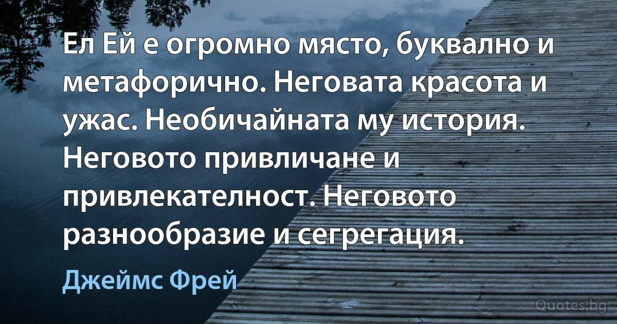 Ел Ей е огромно място, буквално и метафорично. Неговата красота и ужас. Необичайната му история. Неговото привличане и привлекателност. Неговото разнообразие и сегрегация. (Джеймс Фрей)