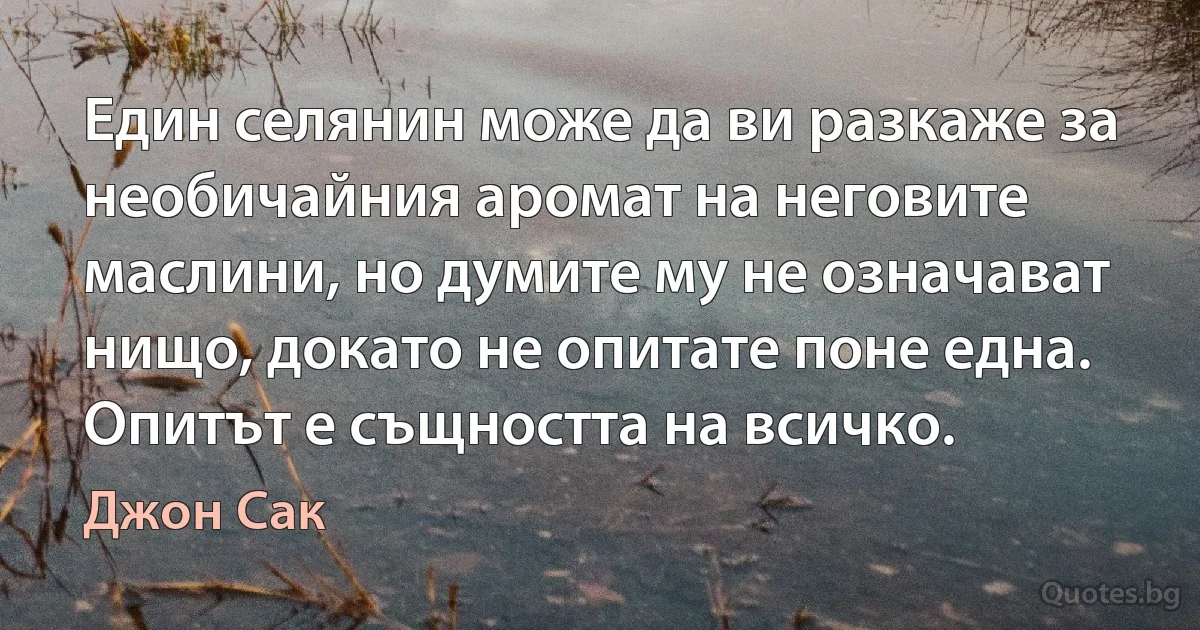 Един селянин може да ви разкаже за необичайния аромат на неговите маслини, но думите му не означават нищо, докато не опитате поне една. Опитът е същността на всичко. (Джон Сак)