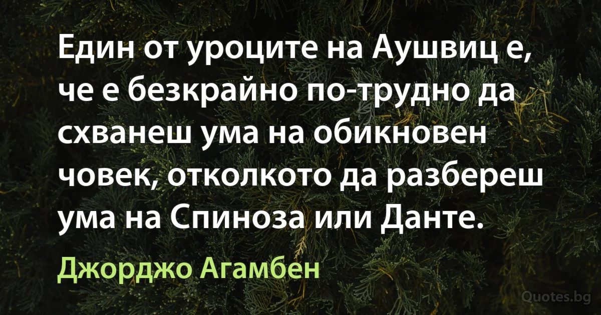 Един от уроците на Аушвиц е, че е безкрайно по-трудно да схванеш ума на обикновен човек, отколкото да разбереш ума на Спиноза или Данте. (Джорджо Агамбен)