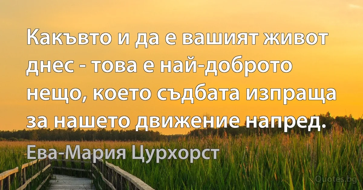 Какъвто и да е вашият живот днес - това е най-доброто нещо, което съдбата изпраща за нашето движение напред. (Ева-Мария Цурхорст)