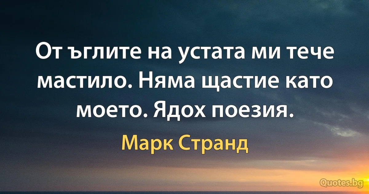 От ъглите на устата ми тече мастило. Няма щастие като моето. Ядох поезия. (Марк Странд)