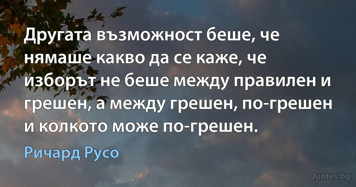 Другата възможност беше, че нямаше какво да се каже, че изборът не беше между правилен и грешен, а между грешен, по-грешен и колкото може по-грешен. (Ричард Русо)