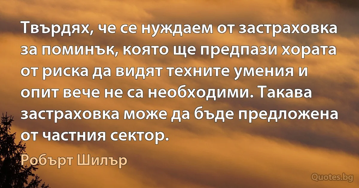 Твърдях, че се нуждаем от застраховка за поминък, която ще предпази хората от риска да видят техните умения и опит вече не са необходими. Такава застраховка може да бъде предложена от частния сектор. (Робърт Шилър)