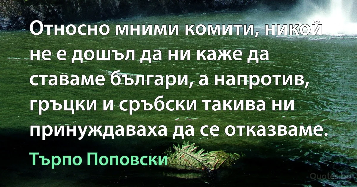 Относно мними комити, никой не е дошъл да ни каже да ставаме българи, а напротив, гръцки и сръбски такива ни принуждаваха да се отказваме. (Търпо Поповски)