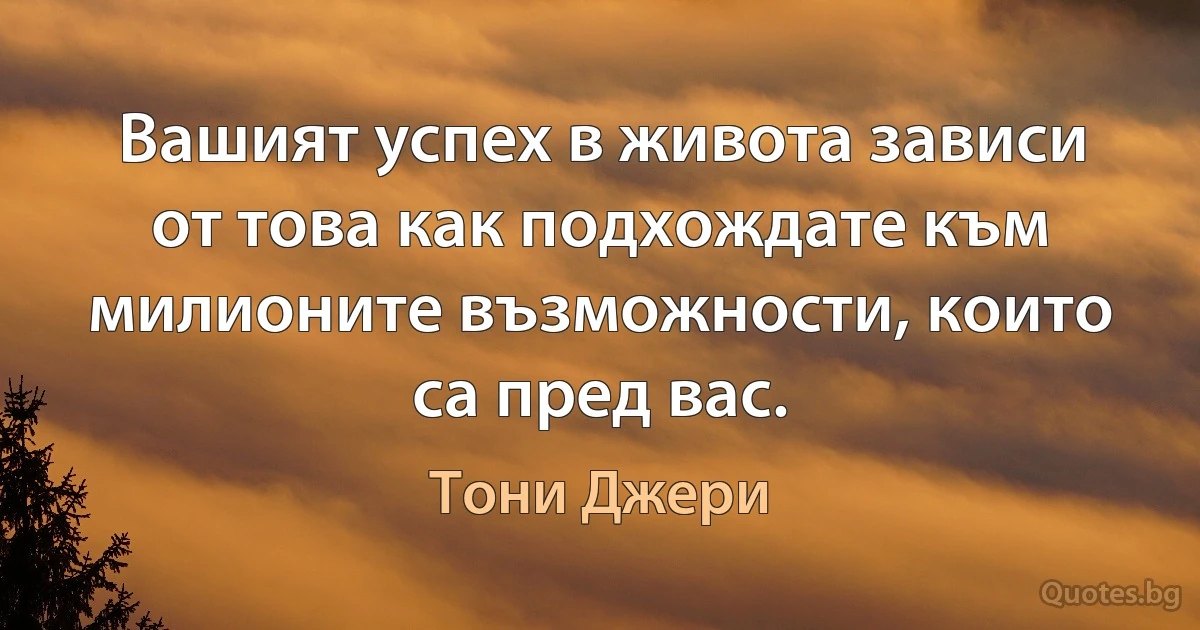 Вашият успех в живота зависи от това как подхождате към милионите възможности, които са пред вас. (Тони Джери)