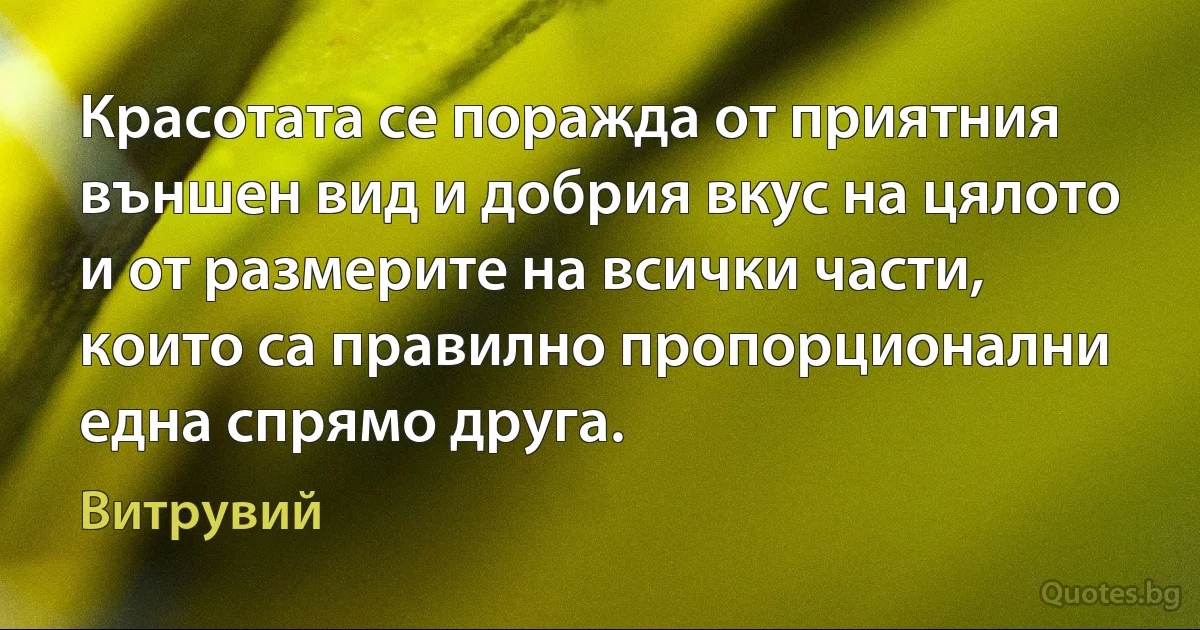 Красотата се поражда от приятния външен вид и добрия вкус на цялото и от размерите на всички части, които са правилно пропорционални една спрямо друга. (Витрувий)