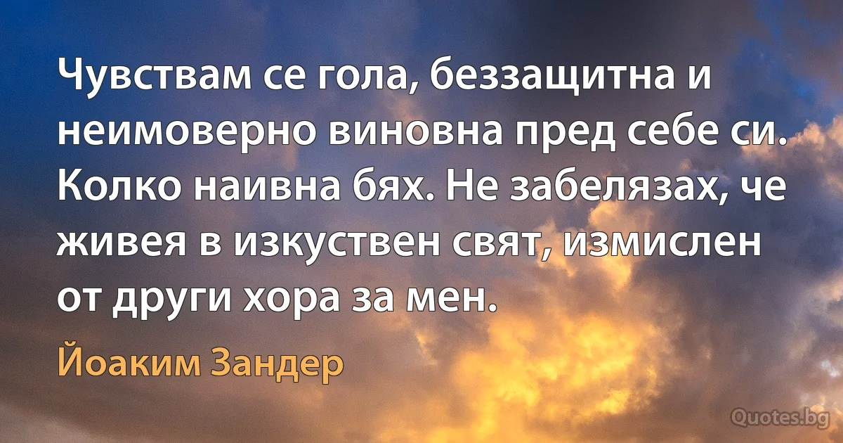 Чувствам се гола, беззащитна и неимоверно виновна пред себе си. Колко наивна бях. Не забелязах, че живея в изкуствен свят, измислен от други хора за мен. (Йоаким Зандер)