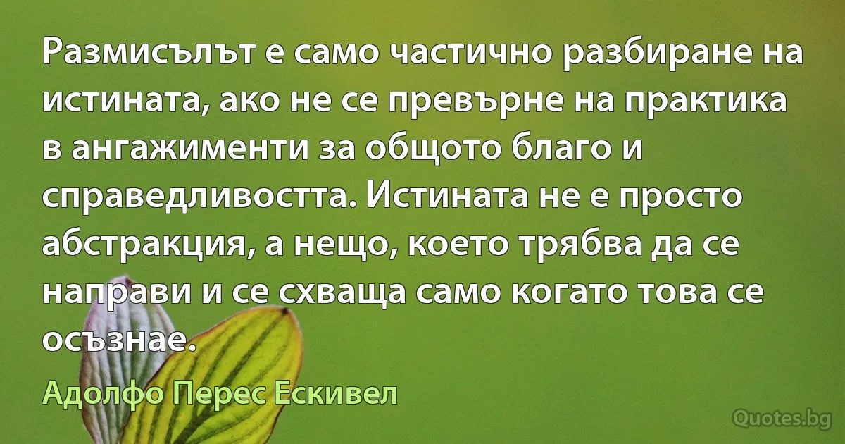 Размисълът е само частично разбиране на истината, ако не се превърне на практика в ангажименти за общото благо и справедливостта. Истината не е просто абстракция, а нещо, което трябва да се направи и се схваща само когато това се осъзнае. (Адолфо Перес Ескивел)