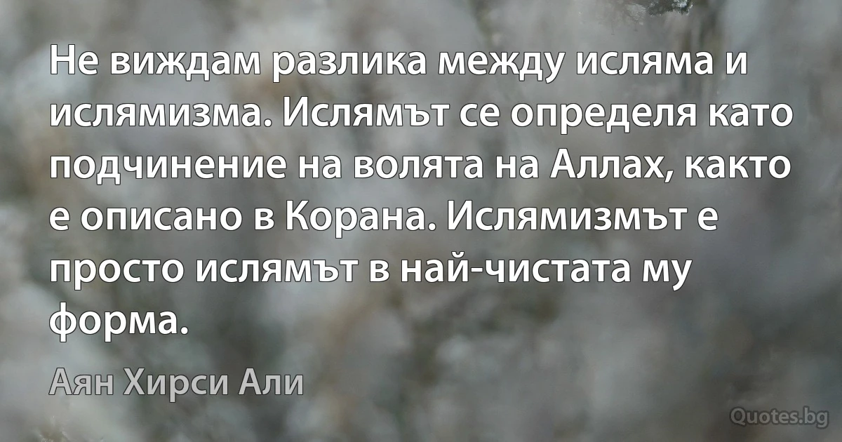 Не виждам разлика между исляма и ислямизма. Ислямът се определя като подчинение на волята на Аллах, както е описано в Корана. Ислямизмът е просто ислямът в най-чистата му форма. (Аян Хирси Али)