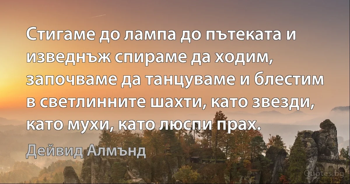 Стигаме до лампа до пътеката и изведнъж спираме да ходим, започваме да танцуваме и блестим в светлинните шахти, като звезди, като мухи, като люспи прах. (Дейвид Алмънд)