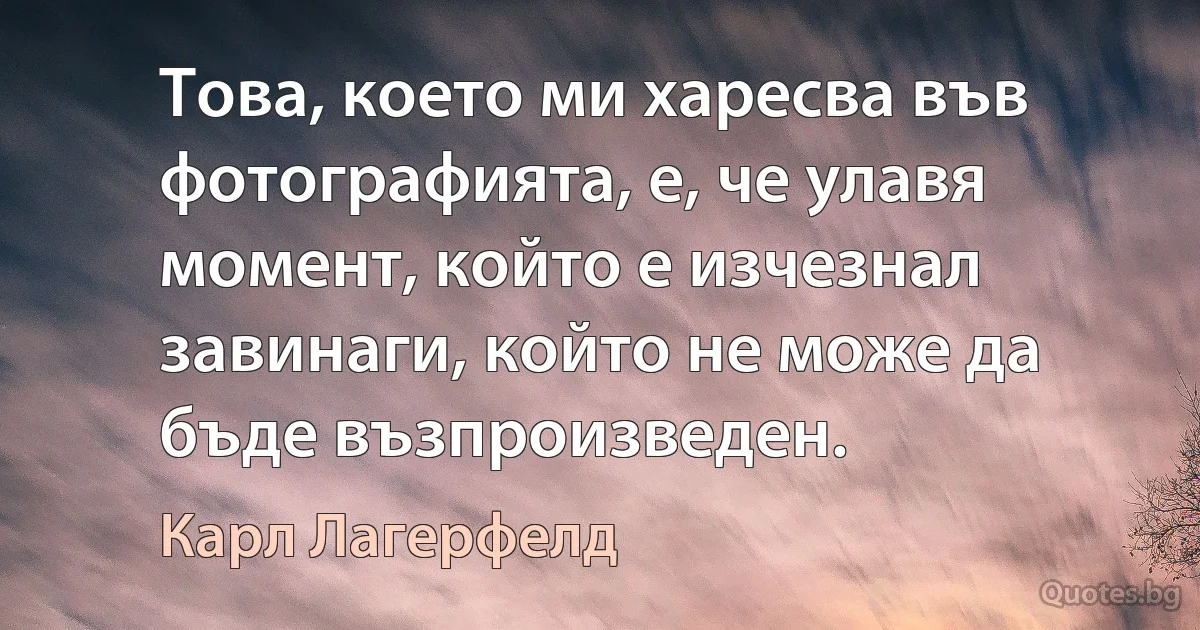 Това, което ми харесва във фотографията, е, че улавя момент, който е изчезнал завинаги, който не може да бъде възпроизведен. (Карл Лагерфелд)