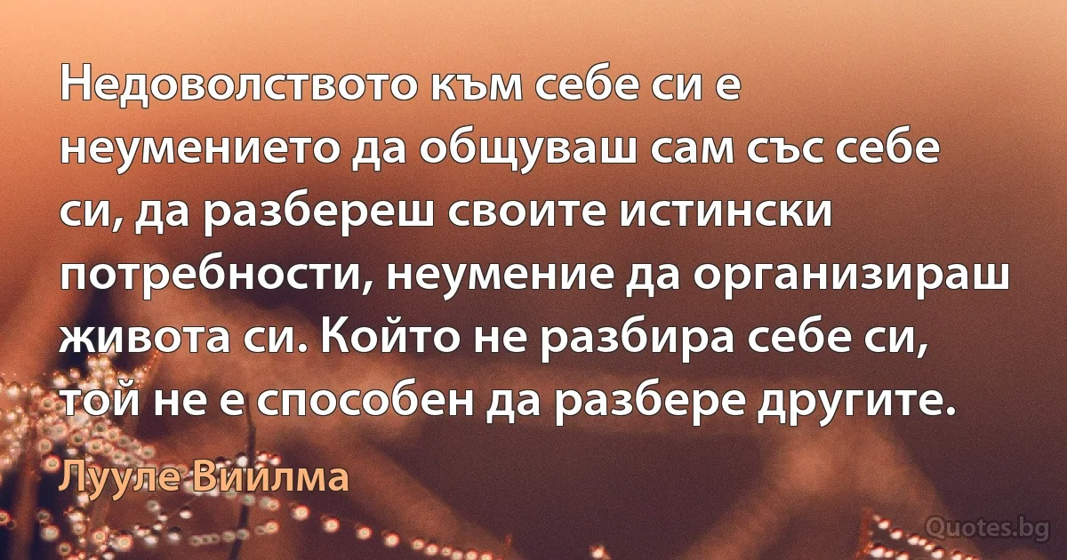 Недоволството към себе си е неумението да общуваш сам със себе си, да разбереш своите истински потребности, неумение да организираш живота си. Който не разбира себе си, той не е способен да разбере другите. (Лууле Виилма)