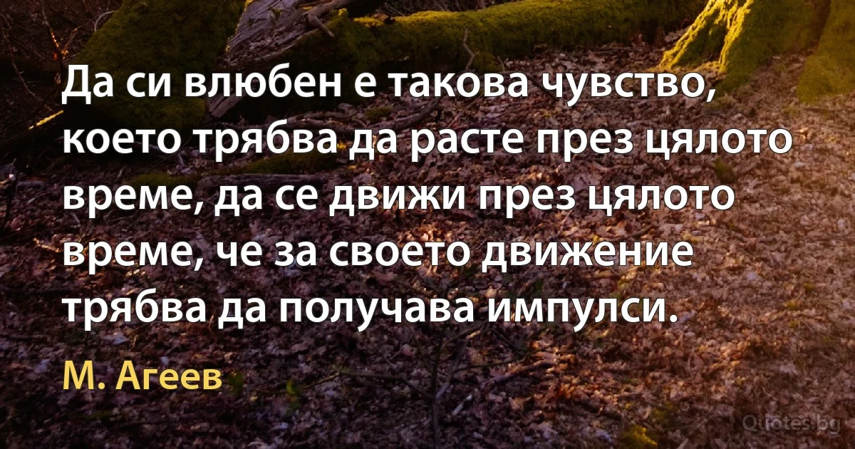 Да си влюбен е такова чувство, което трябва да расте през цялото време, да се движи през цялото време, че за своето движение трябва да получава импулси. (М. Агеев)