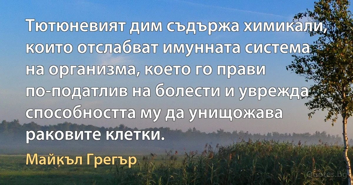 Тютюневият дим съдържа химикали, които отслабват имунната система на организма, което го прави по-податлив на болести и уврежда способността му да унищожава раковите клетки. (Майкъл Грегър)