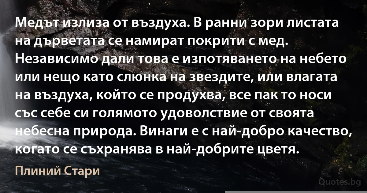 Медът излиза от въздуха. В ранни зори листата на дърветата се намират покрити с мед. Независимо дали това е изпотяването на небето или нещо като слюнка на звездите, или влагата на въздуха, който се продухва, все пак то носи със себе си голямото удоволствие от своята небесна природа. Винаги е с най-добро качество, когато се съхранява в най-добрите цветя. (Плиний Стари)