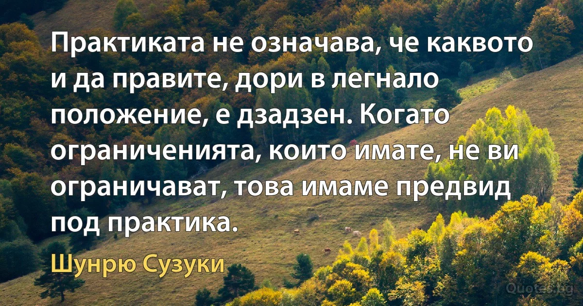 Практиката не означава, че каквото и да правите, дори в легнало положение, е дзадзен. Когато ограниченията, които имате, не ви ограничават, това имаме предвид под практика. (Шунрю Сузуки)