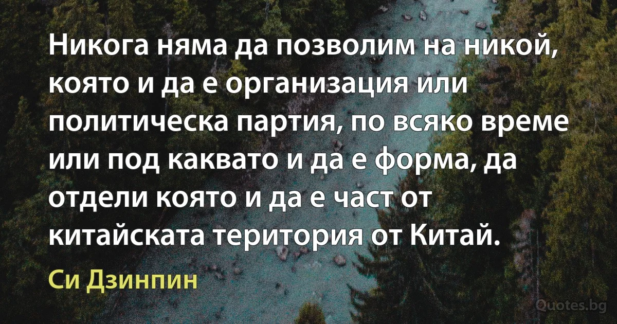 Никога няма да позволим на никой, която и да е организация или политическа партия, по всяко време или под каквато и да е форма, да отдели която и да е част от китайската територия от Китай. (Си Дзинпин)