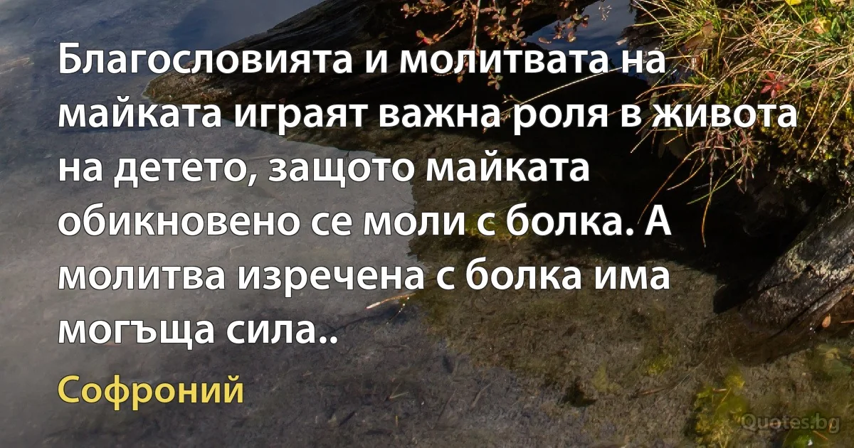 Благословията и молитвата на майката играят важна роля в живота на детето, защото майката обикновено се моли с болка. А молитва изречена с болка има могъща сила.. (Софроний)