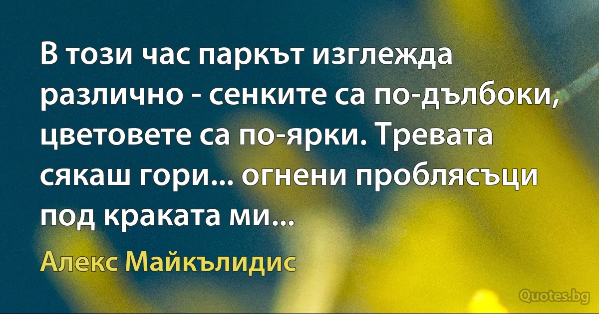 В този час паркът изглежда различно - сенките са по-дълбоки, цветовете са по-ярки. Тревата сякаш гори... огнени проблясъци под краката ми... (Алекс Майкълидис)